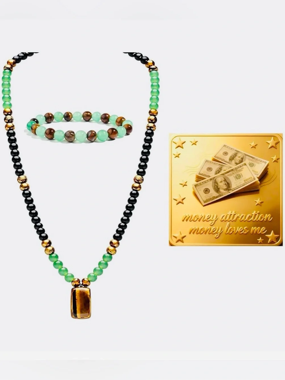 #2574**Green and Black Beaded Necklace and Bracelet Set with Gold Accents